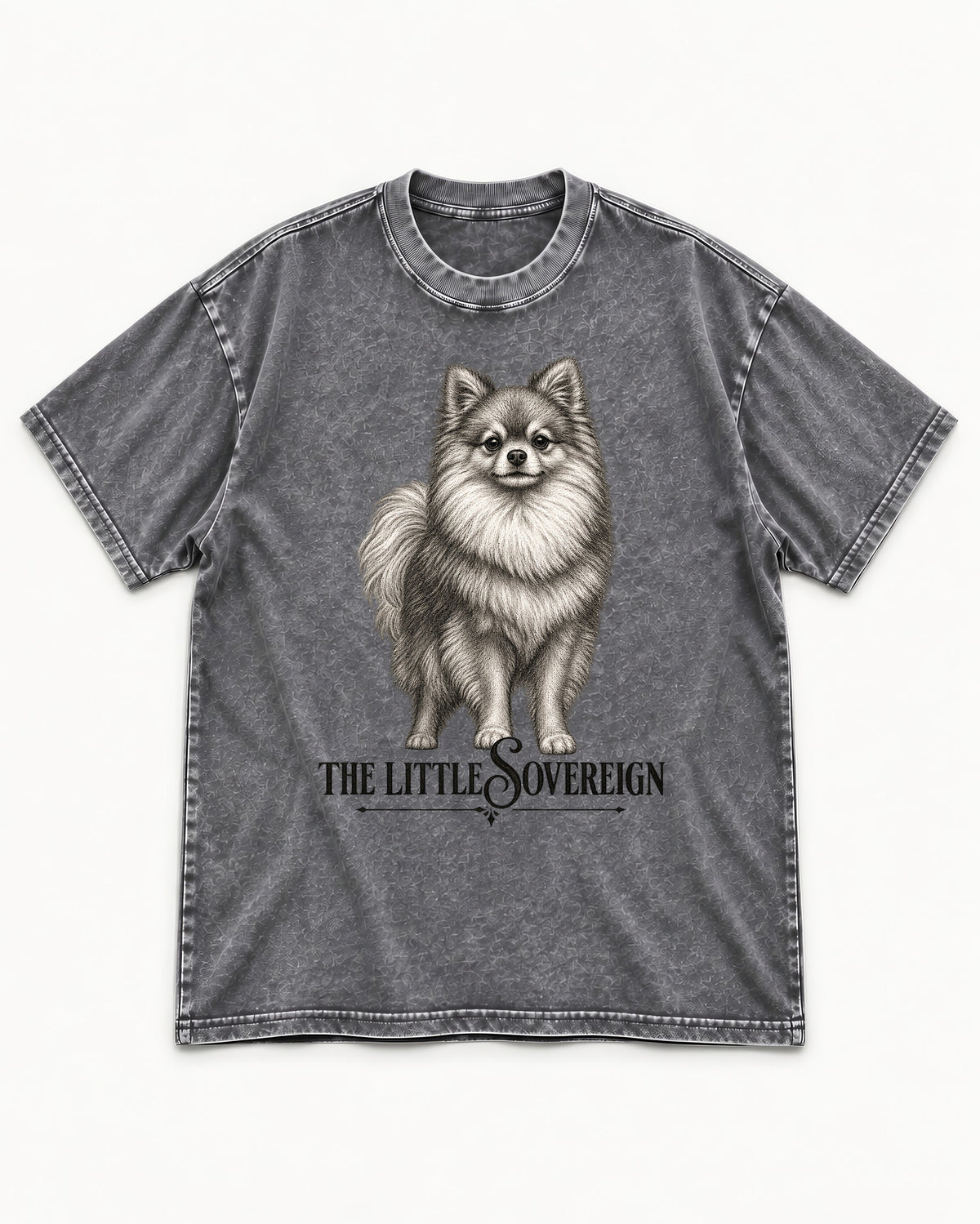 The Little Sovereign Pomeranian Washed Tee in Gray, flat lay product photo