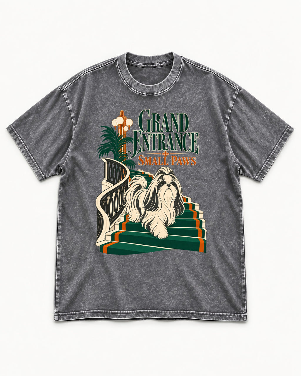 Shih Tzu Grand Entrance Small Paws Staircase Graphic Washed Tee in Gray, flat lay product photo