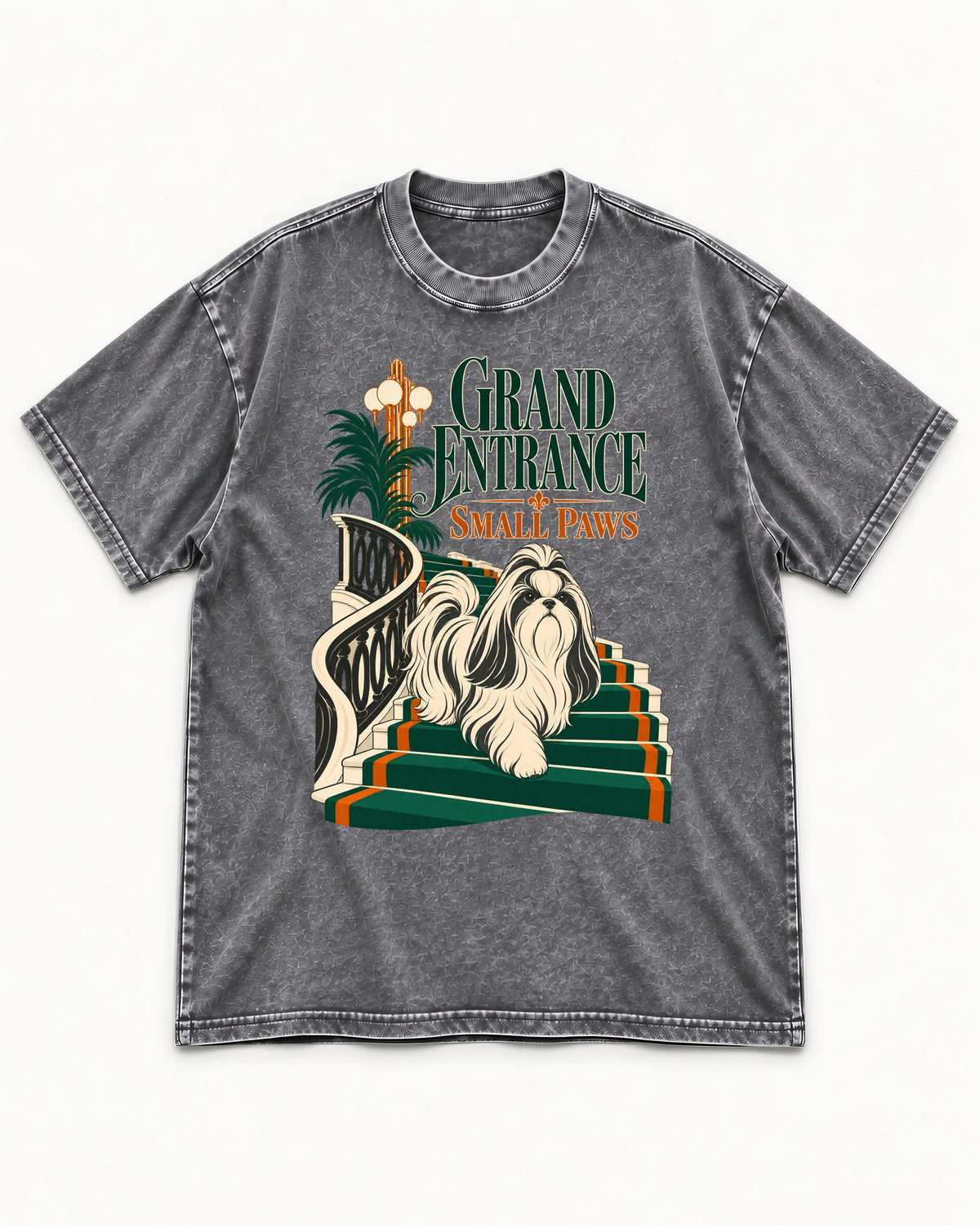 Shih Tzu Grand Entrance Small Paws Staircase Graphic Washed Tee in Gray, flat lay product photo