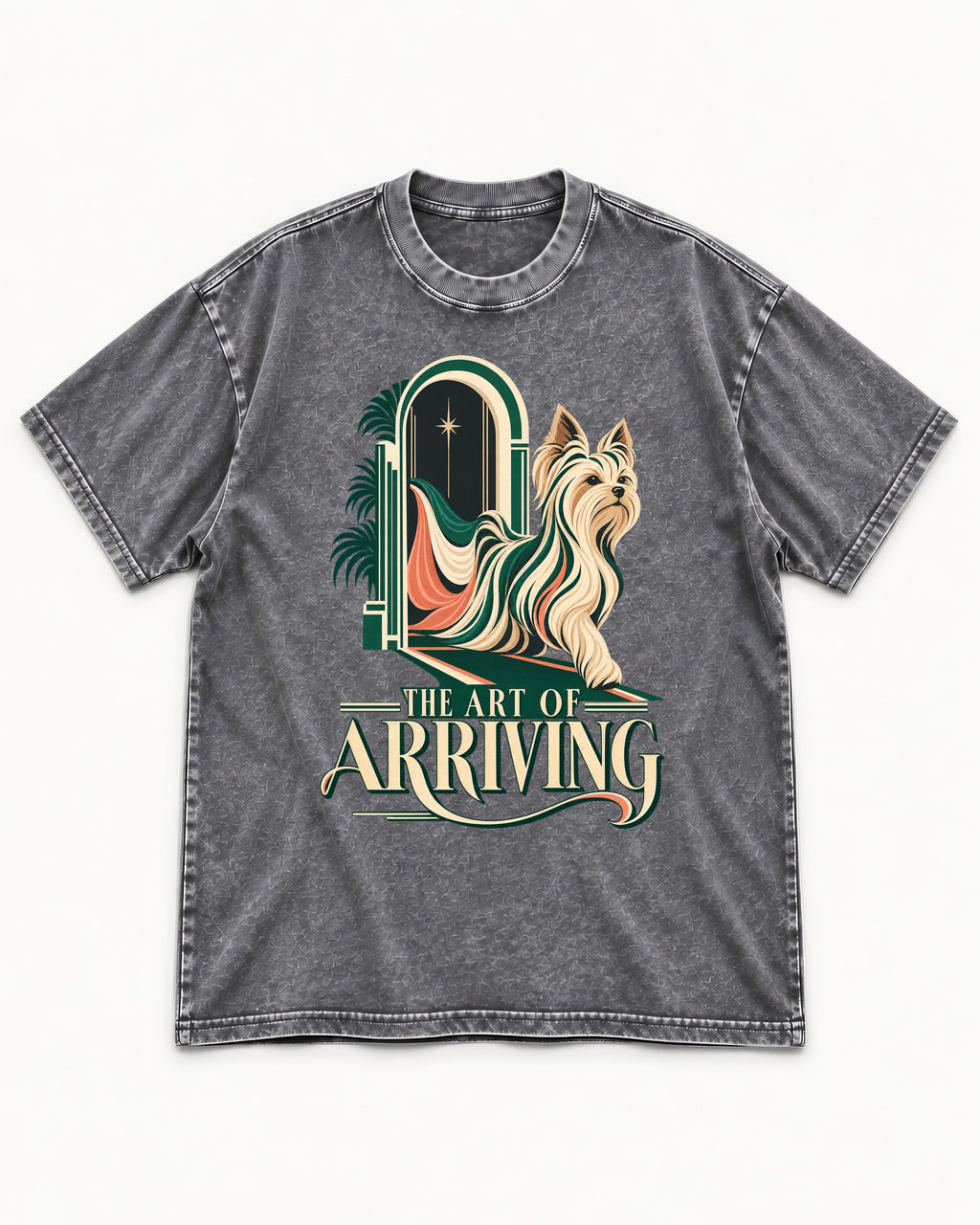 Yorkshire Terrier Arriving Washed Tee in Gray, flat lay product photo