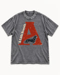 Dachshund A Little Beneath Monumental Letter Graphic Washed Tee in Gray, flat lay product photo