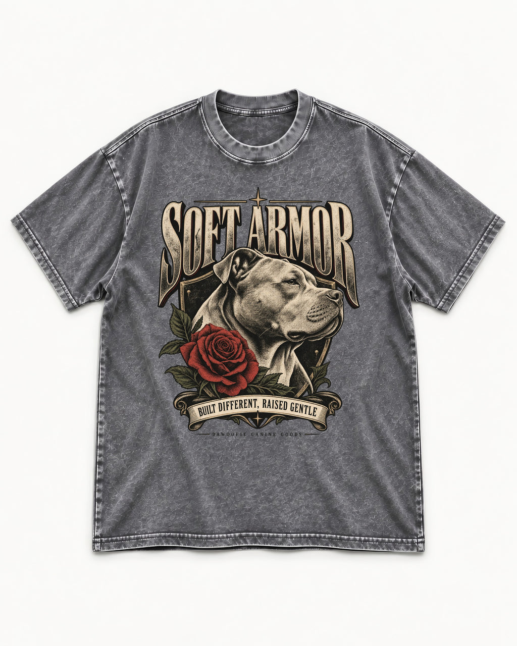Pitbull Soft Armor Rose Crest Graphic Washed Tee in Gray, flat lay product photo