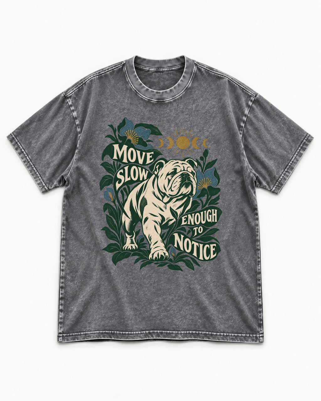Move Slow English Bulldog Washed Tee in Gray, flat lay product photo