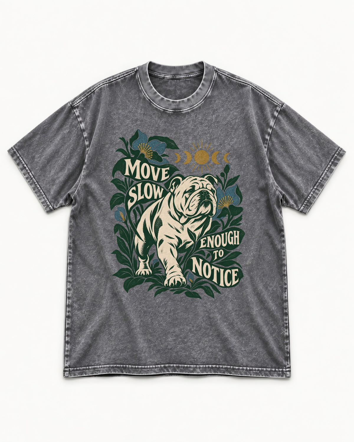 Move Slow English Bulldog Washed Tee in Gray, flat lay product photo