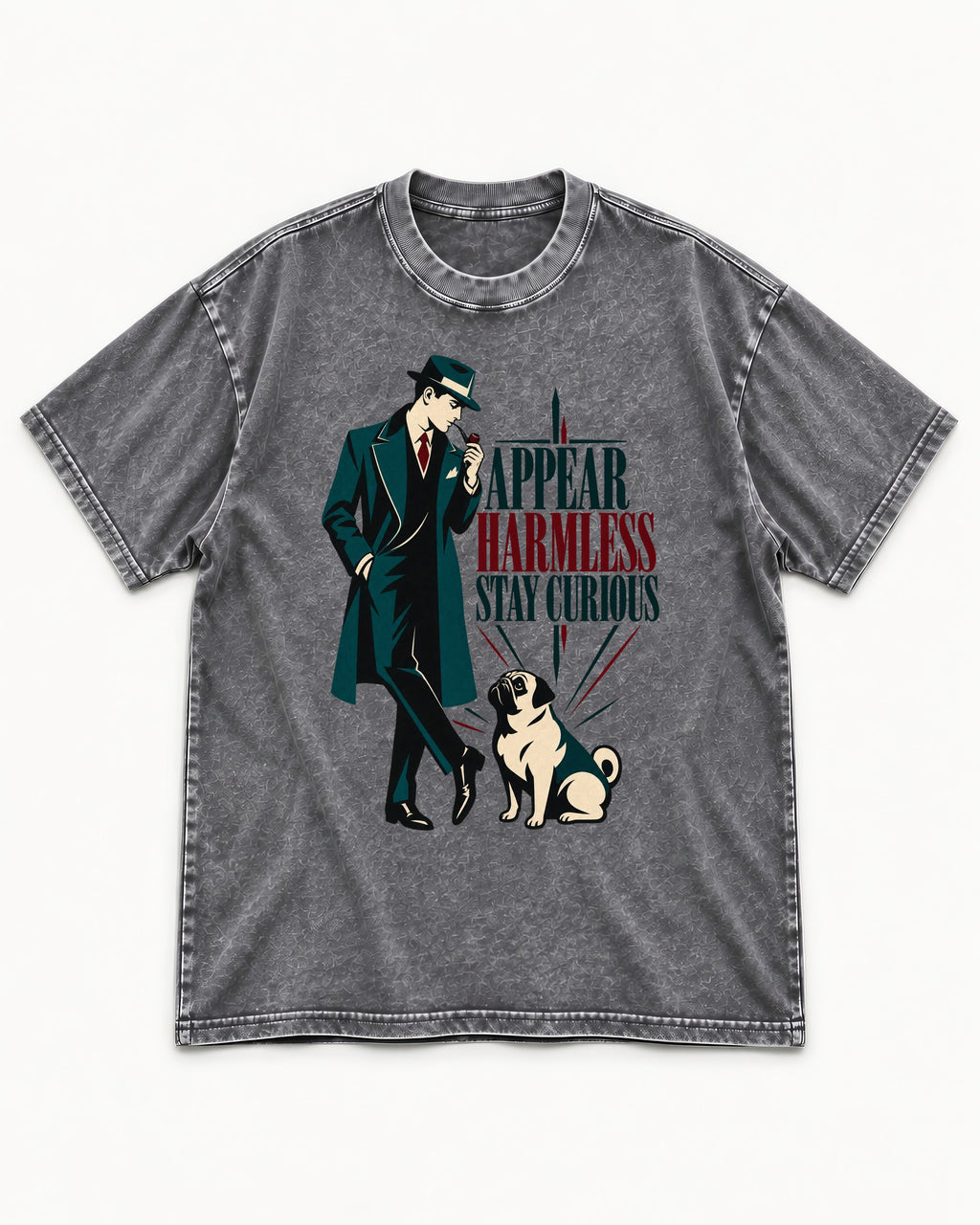 Pug Appear Harmless Stay Curious Washed Tee in Gray, flat lay product photo