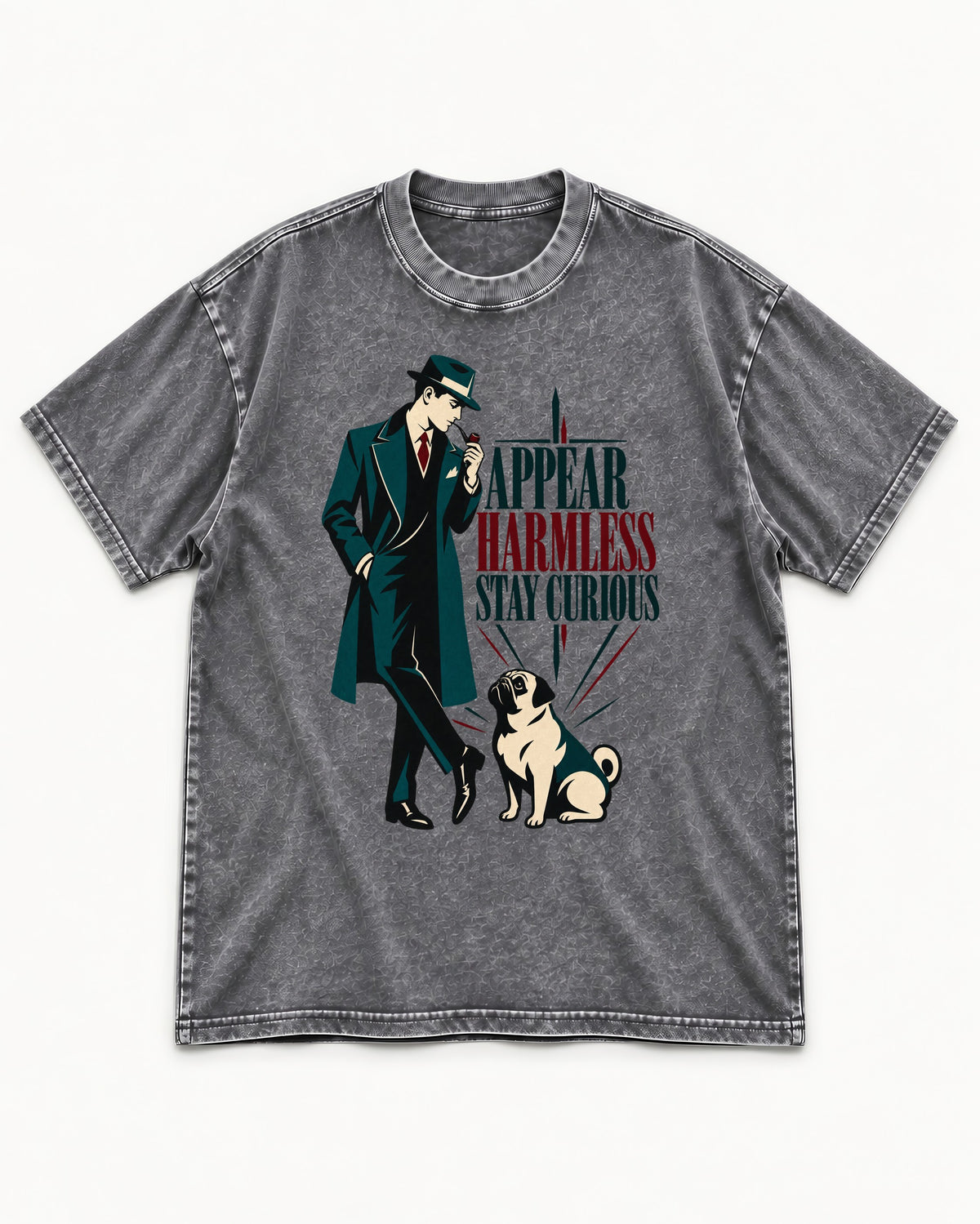 Pug Appear Harmless Stay Curious Washed Tee in Gray, flat lay product photo
