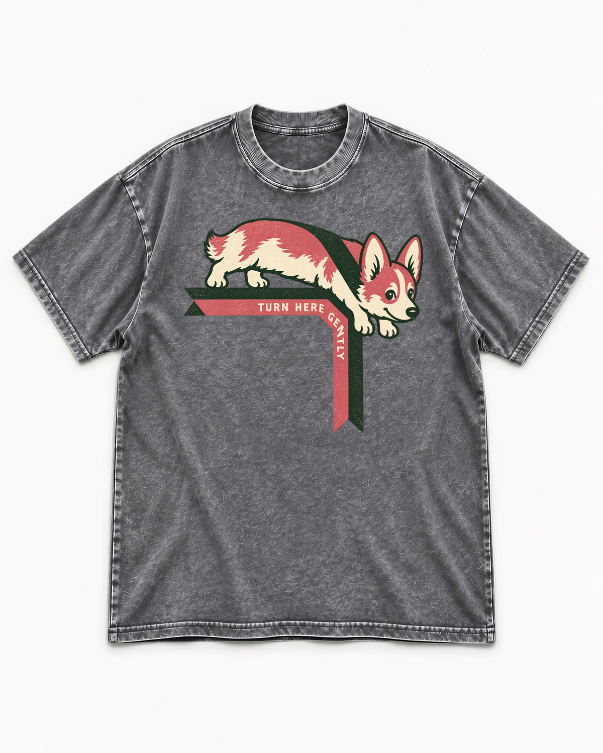 Corgi Turn Here Gently Washed Tee in Gray, flat lay product photo