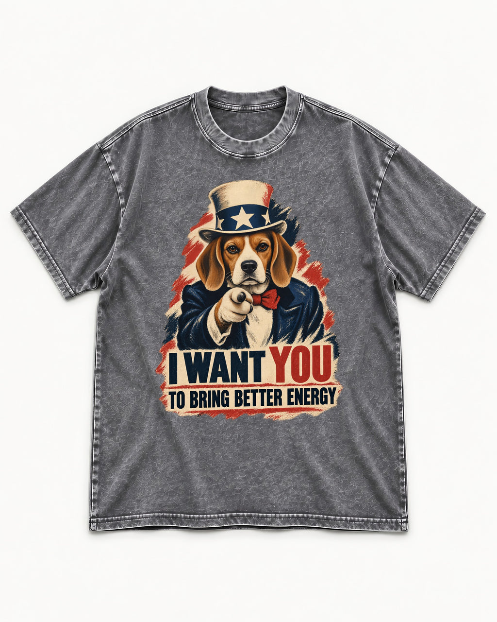 Bring Better Energy Beagle Uncle Sam Washed Tee in Gray, flat lay product photo