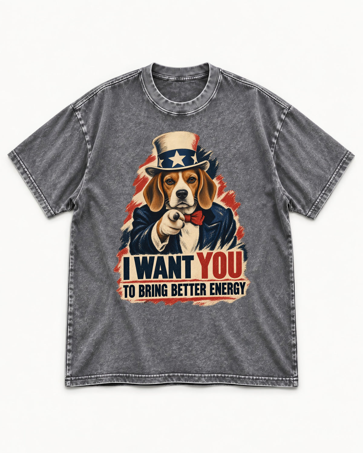 Bring Better Energy Beagle Uncle Sam Washed Tee in Gray, flat lay product photo