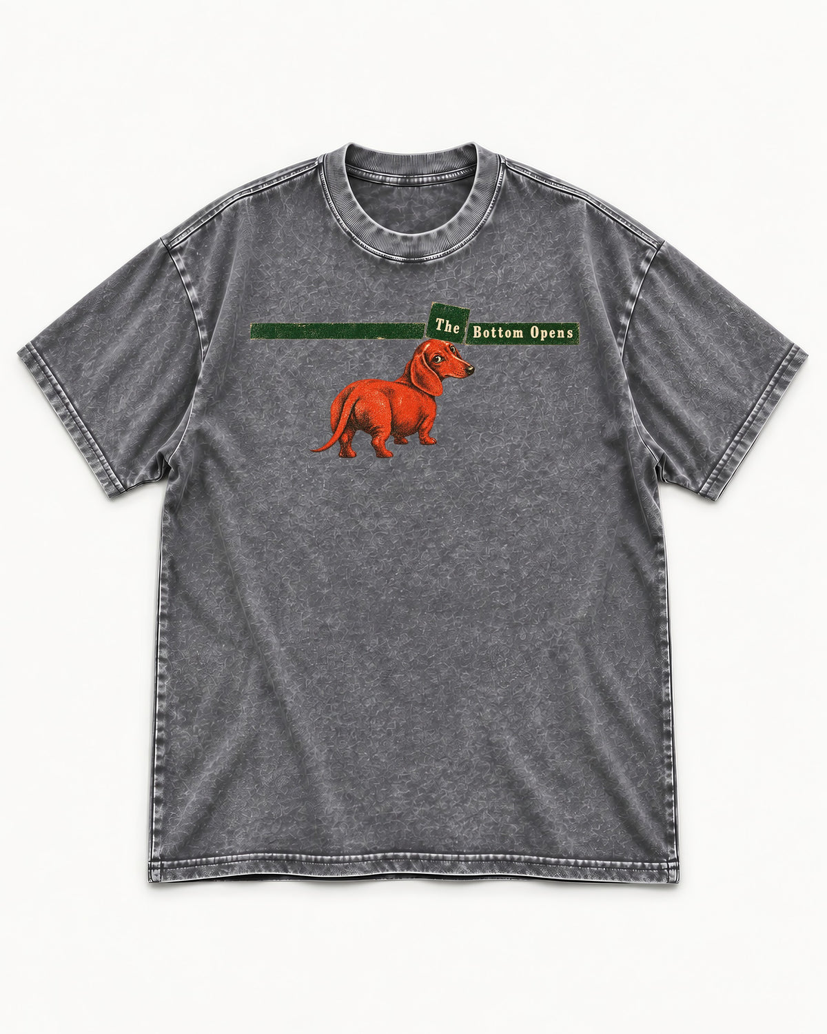Dachshund The Bottom Opens Signpost Graphic Washed Tee in Gray, flat lay product photo