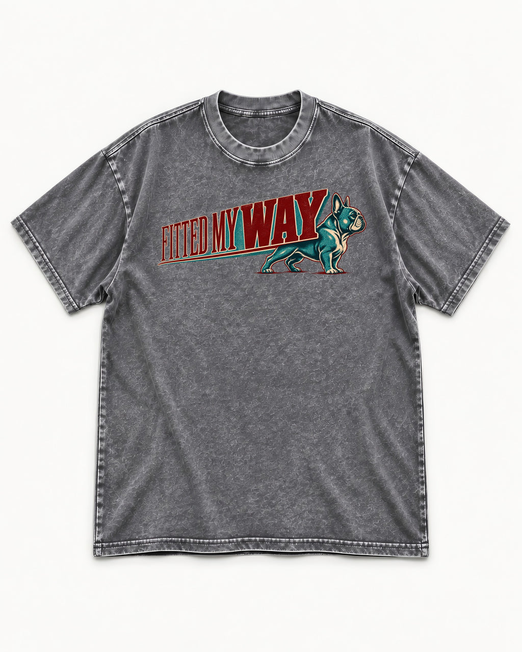 Frenchie Fitted My Way Collegiate Graphic Washed Tee in Gray, flat lay product photo