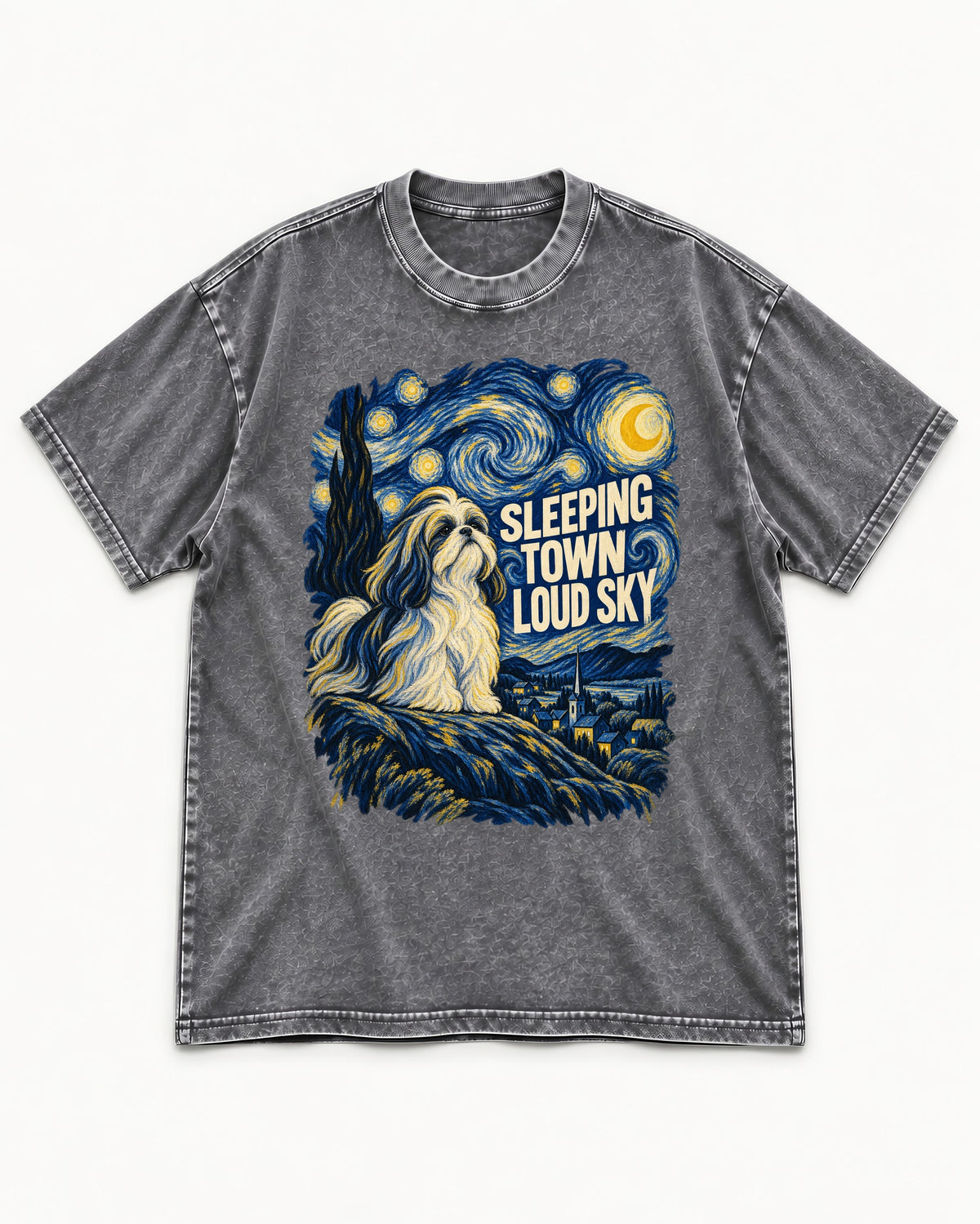 Shih Tzu Sleeping Town Loud Sky Swirling Night Graphic Washed Tee in Gray, flat lay product photo