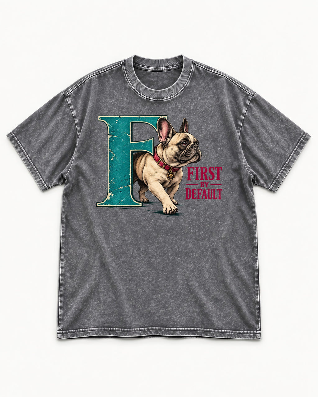 Frenchie First by Default Teal F Graphic Washed Tee in Gray, flat lay product photo