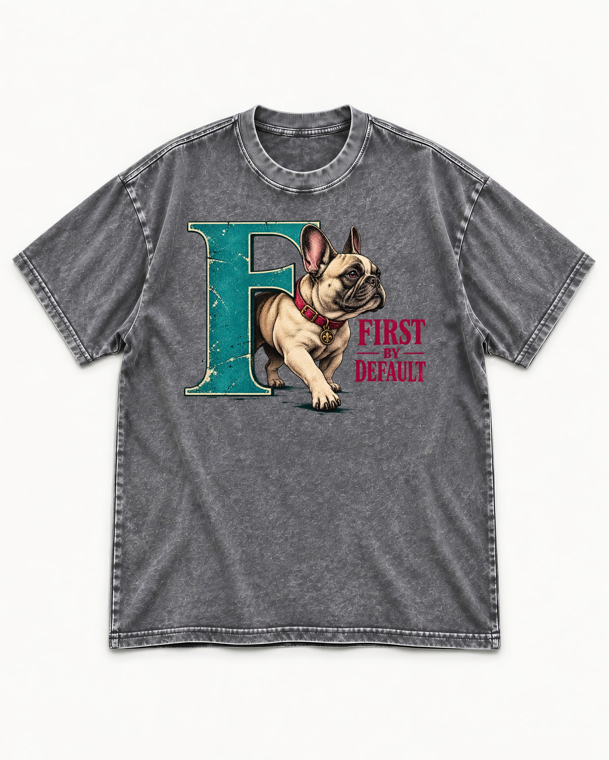 Frenchie First by Default Teal F Graphic Washed Tee in Gray, flat lay product photo