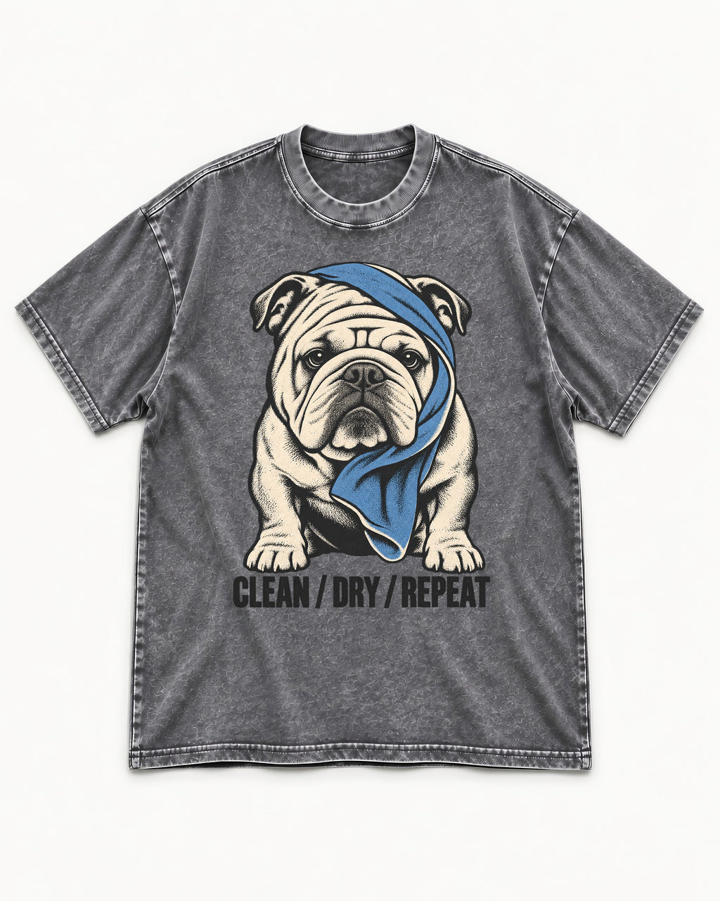 Clean Dry Repeat English Bulldog Washed Tee in Gray, flat lay product photo