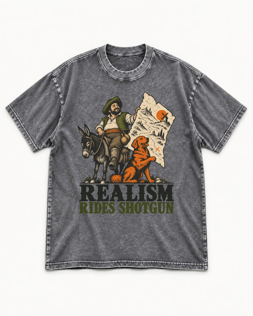 Realism Rides Shotgun with Golden Retriever Washed Tee in Gray, flat lay product photo