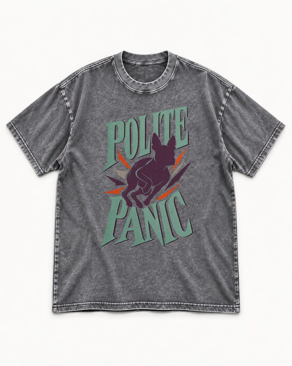 Polite Panic Boston Terrier Washed Tee in Gray, flat lay product photo