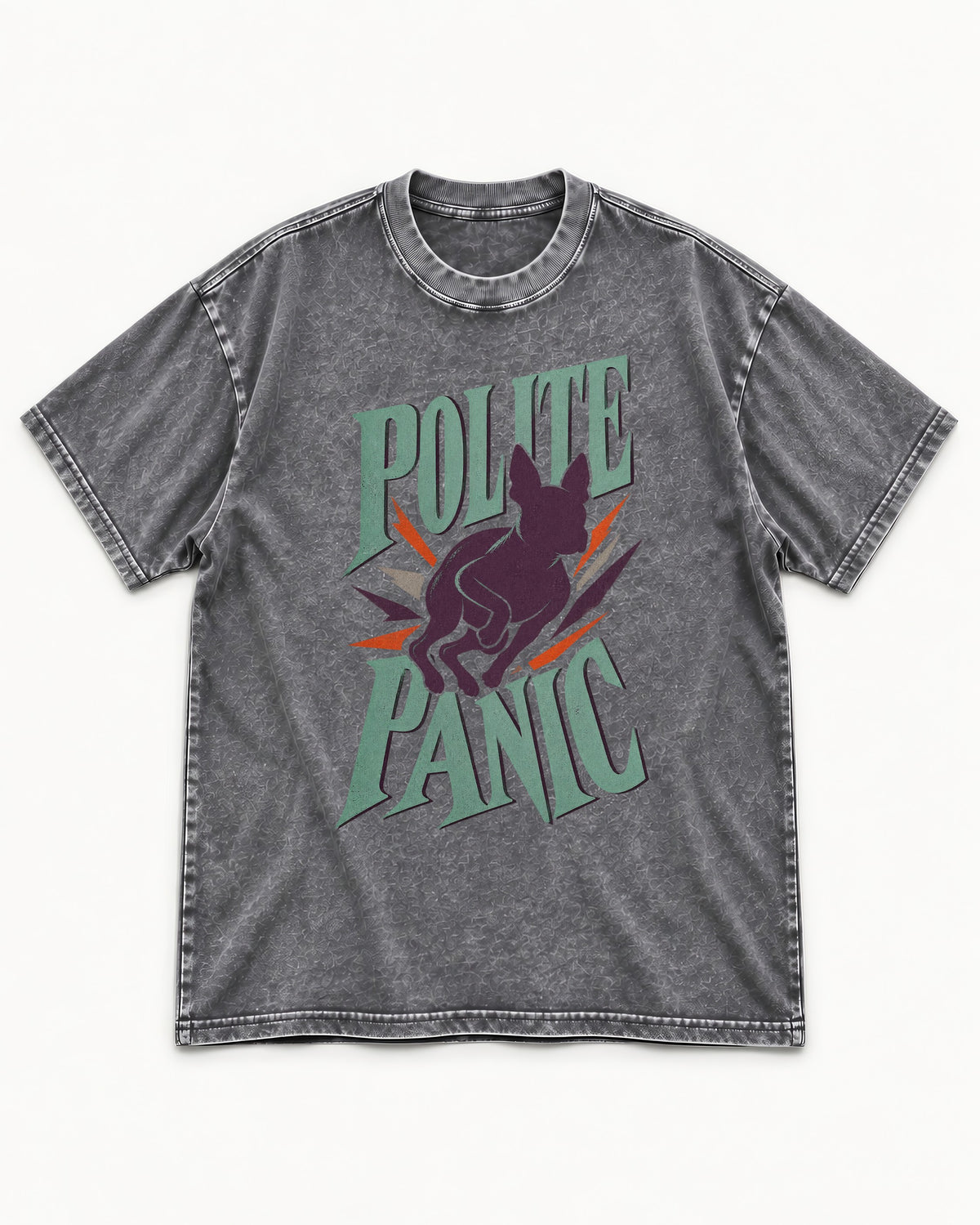 Polite Panic Boston Terrier Washed Tee in Gray, flat lay product photo