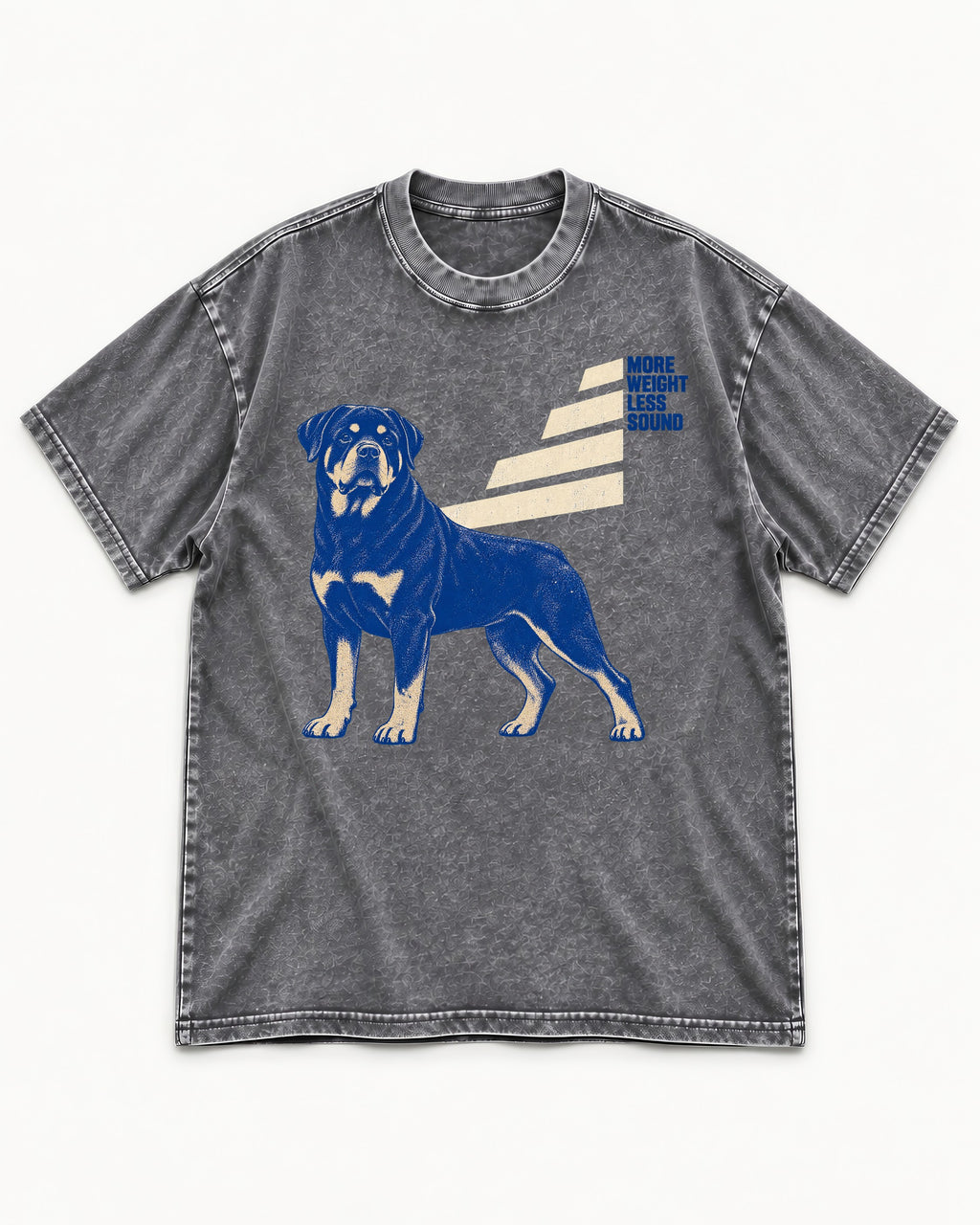 Rottweiler More Weight Less Sound Stair Step Graphic Washed Tee in Gray, flat lay product photo
