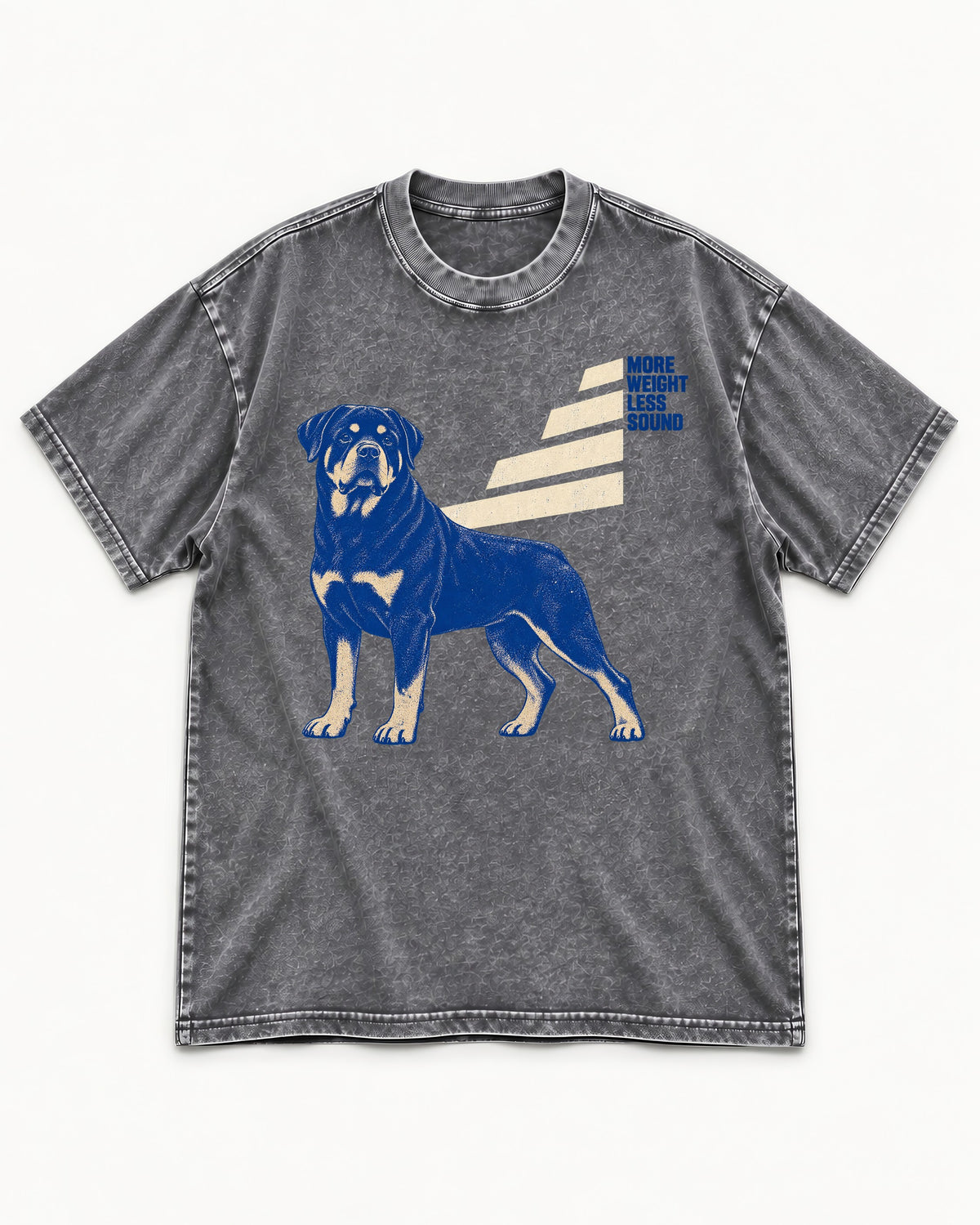 Rottweiler More Weight Less Sound Stair Step Graphic Washed Tee in Gray, flat lay product photo