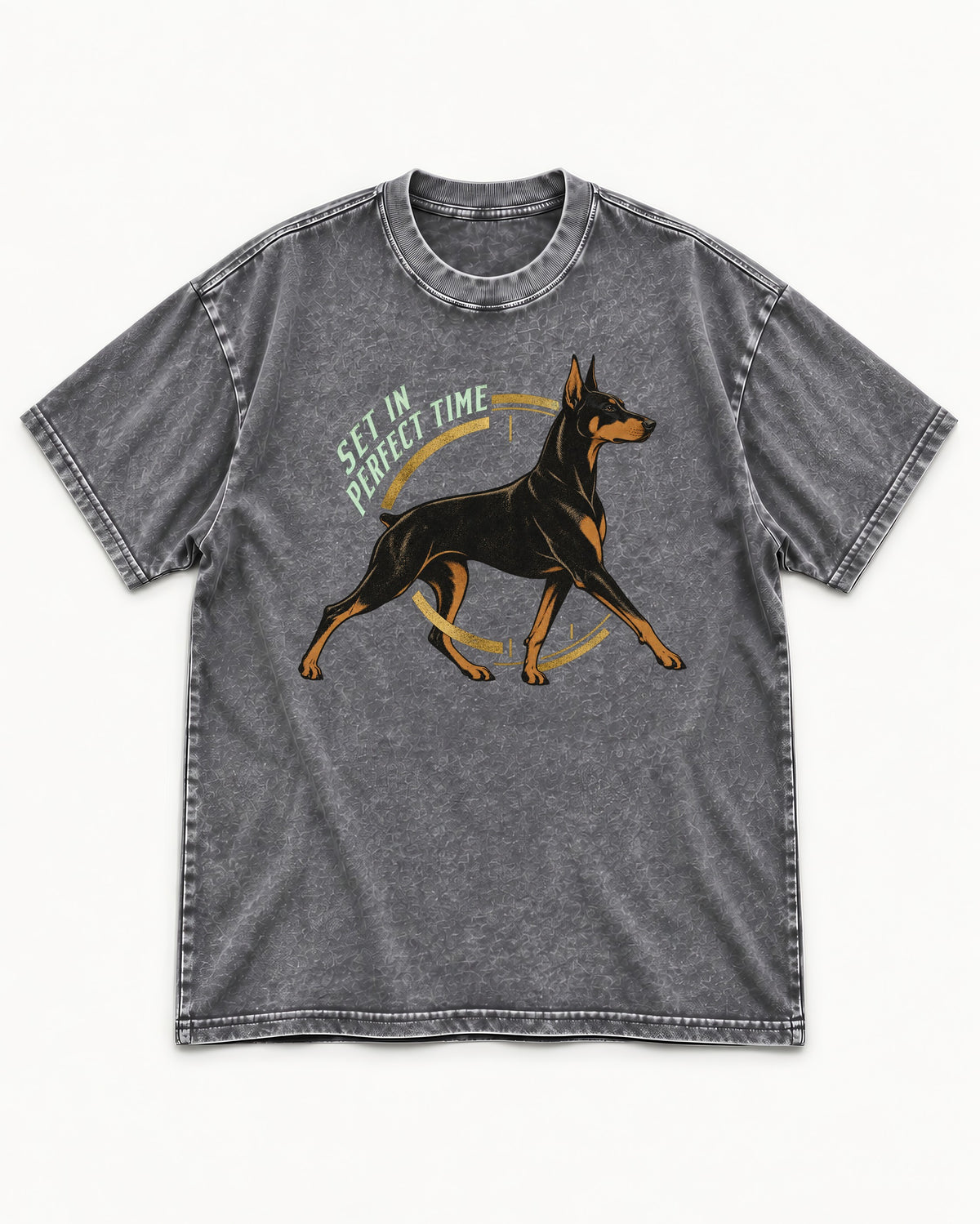 Doberman Set in Perfect Time Clock Stride Graphic Washed Tee in Gray, flat lay product photo