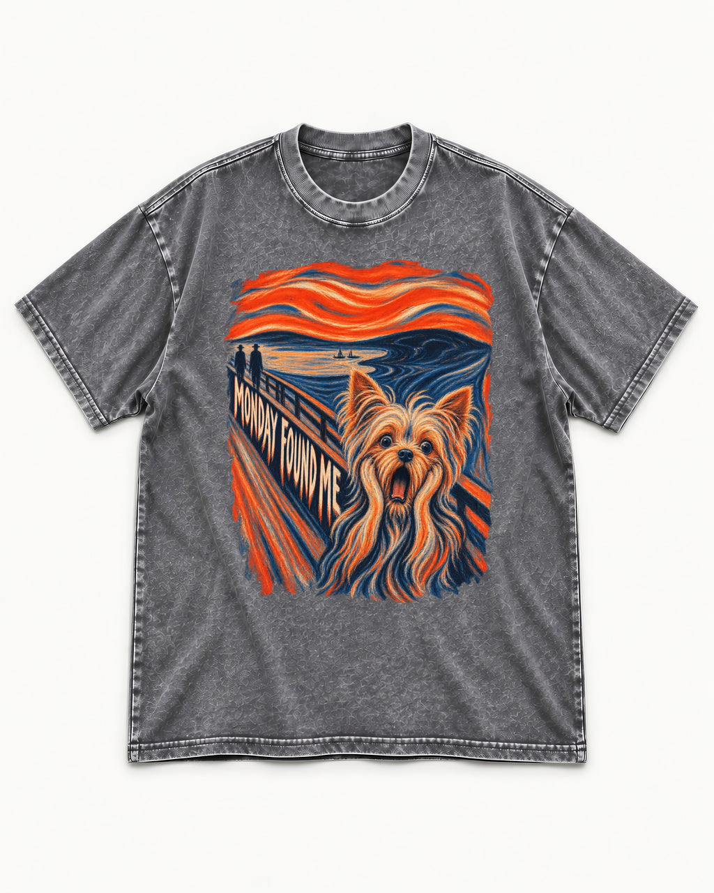 Yorkshire Terrier Monday Found Me Scream Parody Graphic Washed Tee in Gray, flat lay product photo