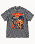 Yorkshire Terrier Monday Found Me Scream Parody Graphic Washed Tee in Gray, flat lay product photo
