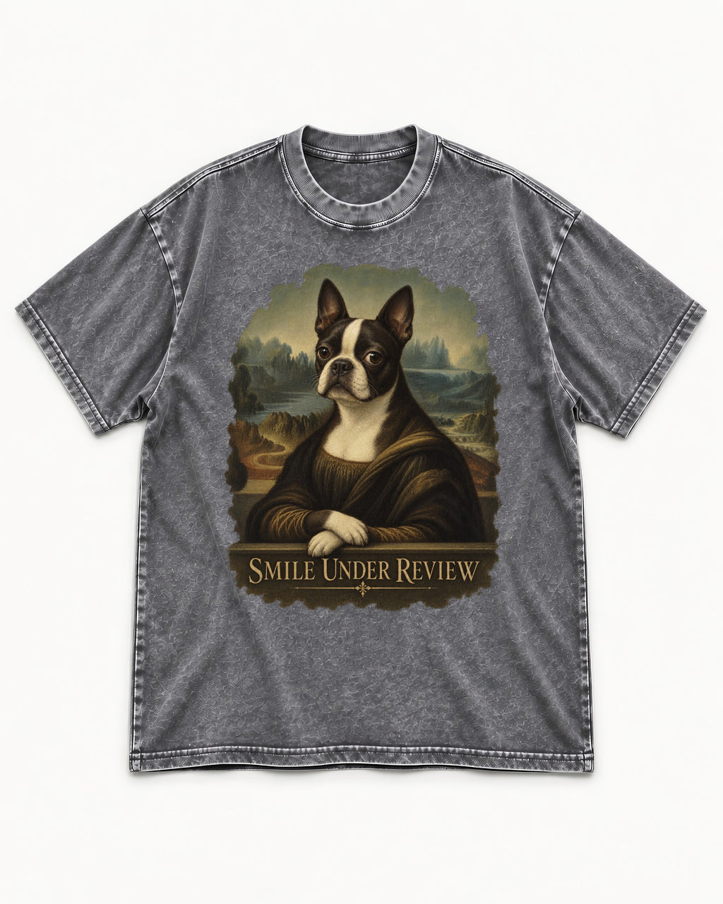 Smile Under Review Boston Terrier Mona Lisa Portrait Washed Tee in Gray, flat lay product photo