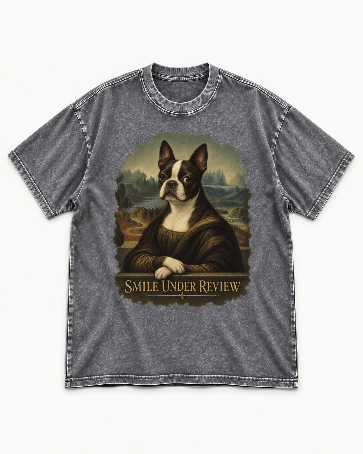Smile Under Review Boston Terrier Mona Lisa Portrait Washed Tee in Gray, flat lay product photo