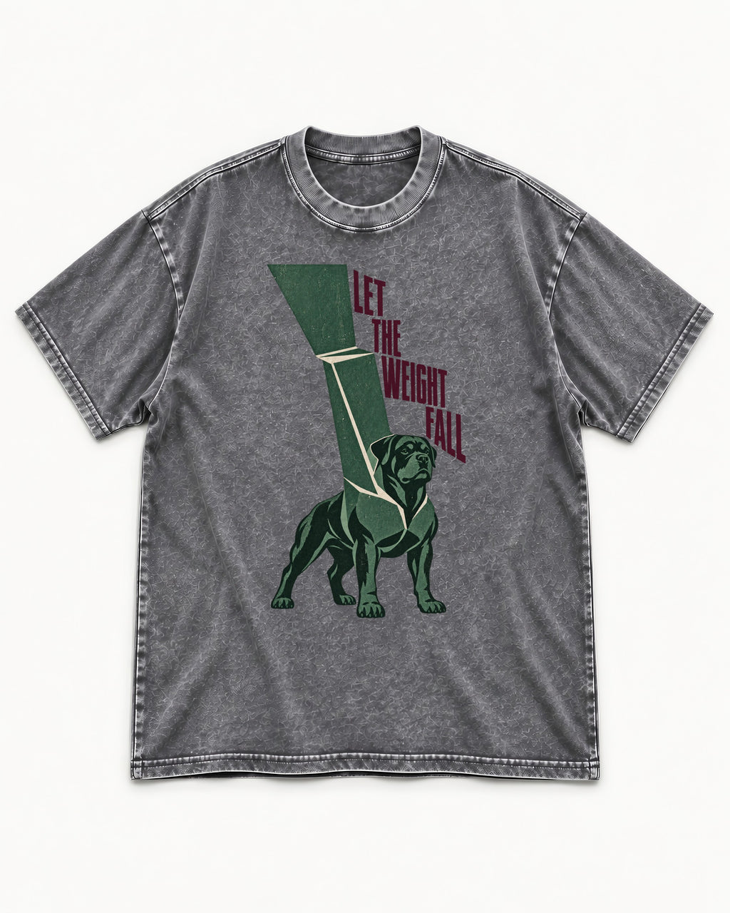Let the Weight Fall Rottweiler Washed Tee in Gray, flat lay product photo