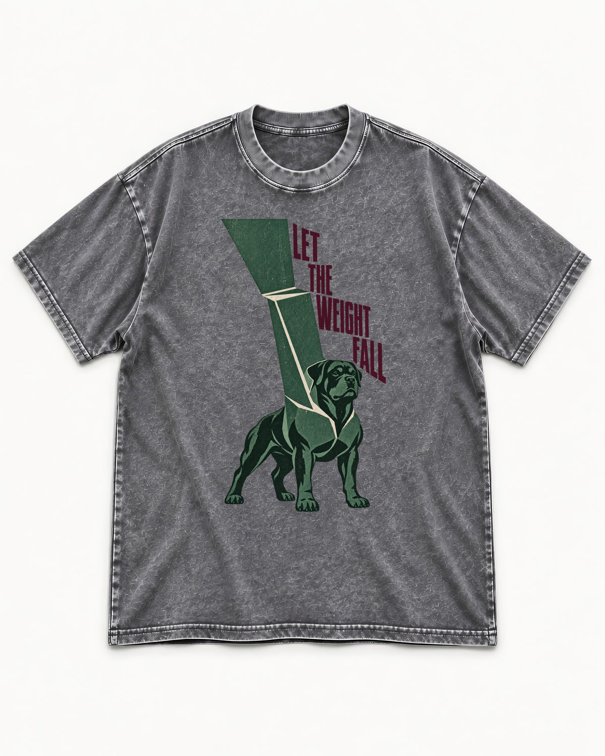 Let the Weight Fall Rottweiler Washed Tee in Gray, flat lay product photo