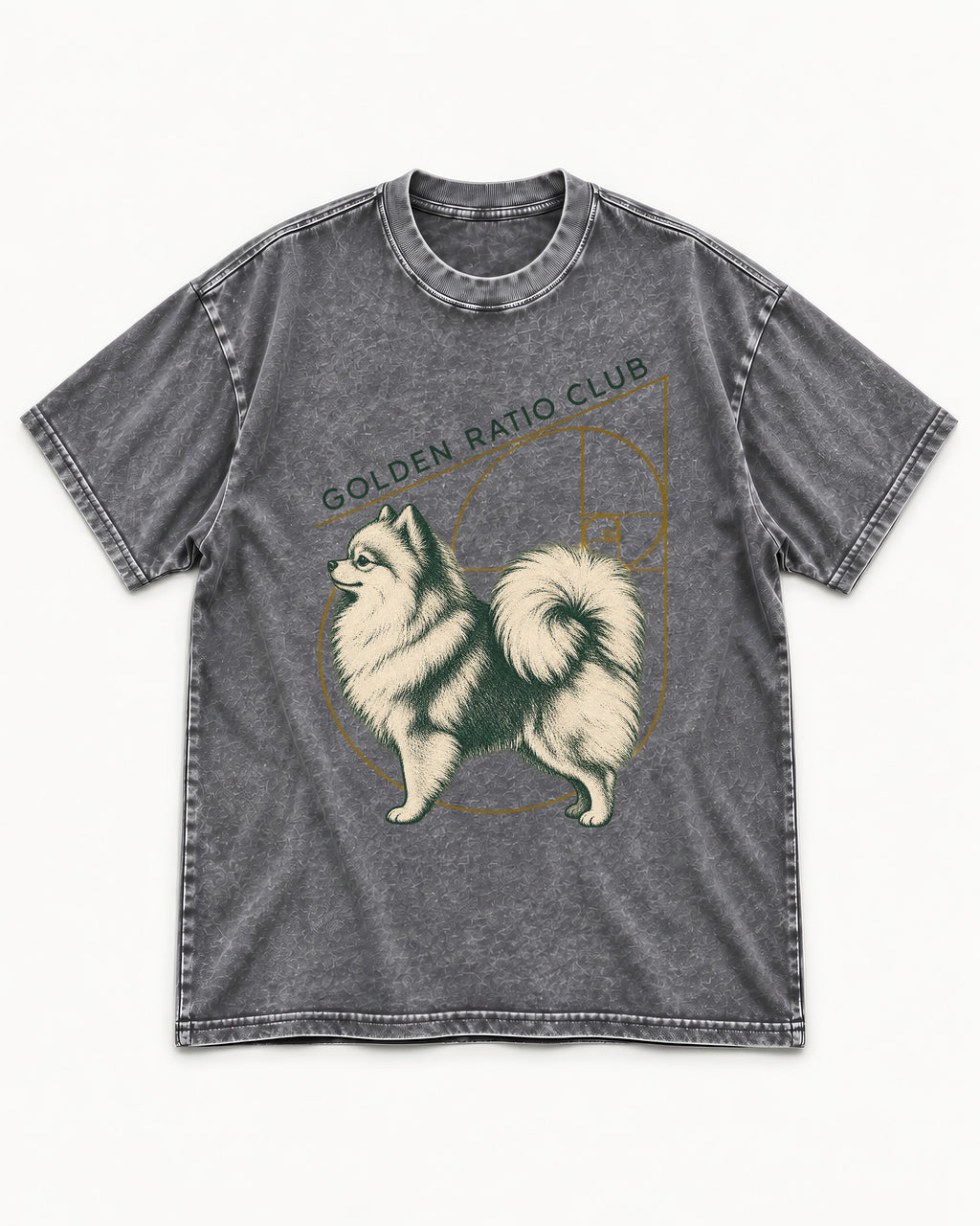Pomeranian Golden Ratio Club Washed Tee in Gray, flat lay product photo