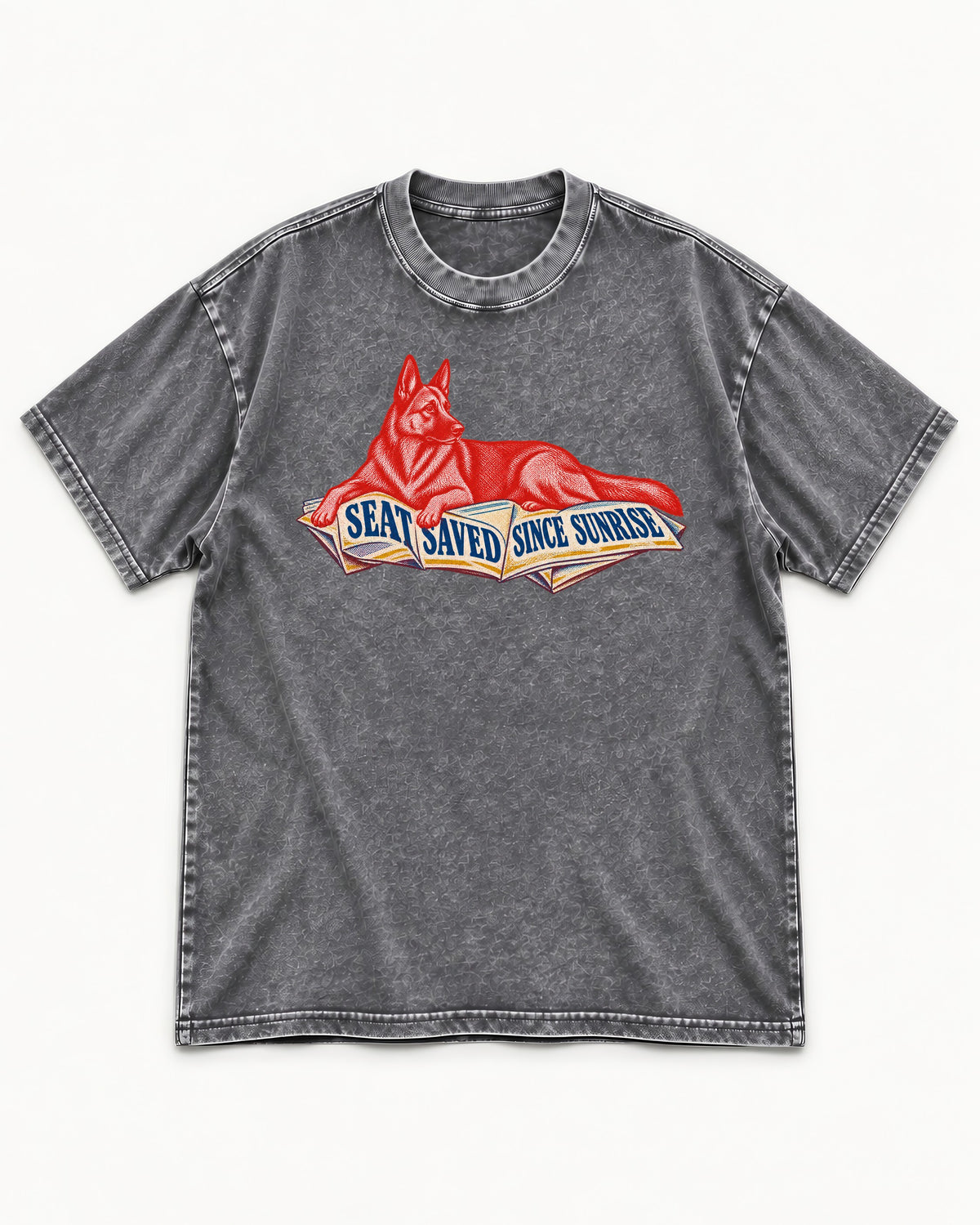 Seat Saved Since Sunrise German Shepherd Dog Washed Tee in Gray, flat lay product photo
