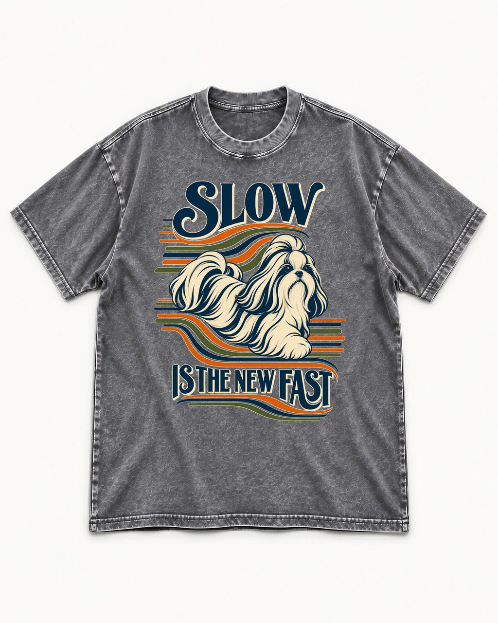 Slow Is Fast Shih Tzu Washed Tee in Gray, flat lay product photo