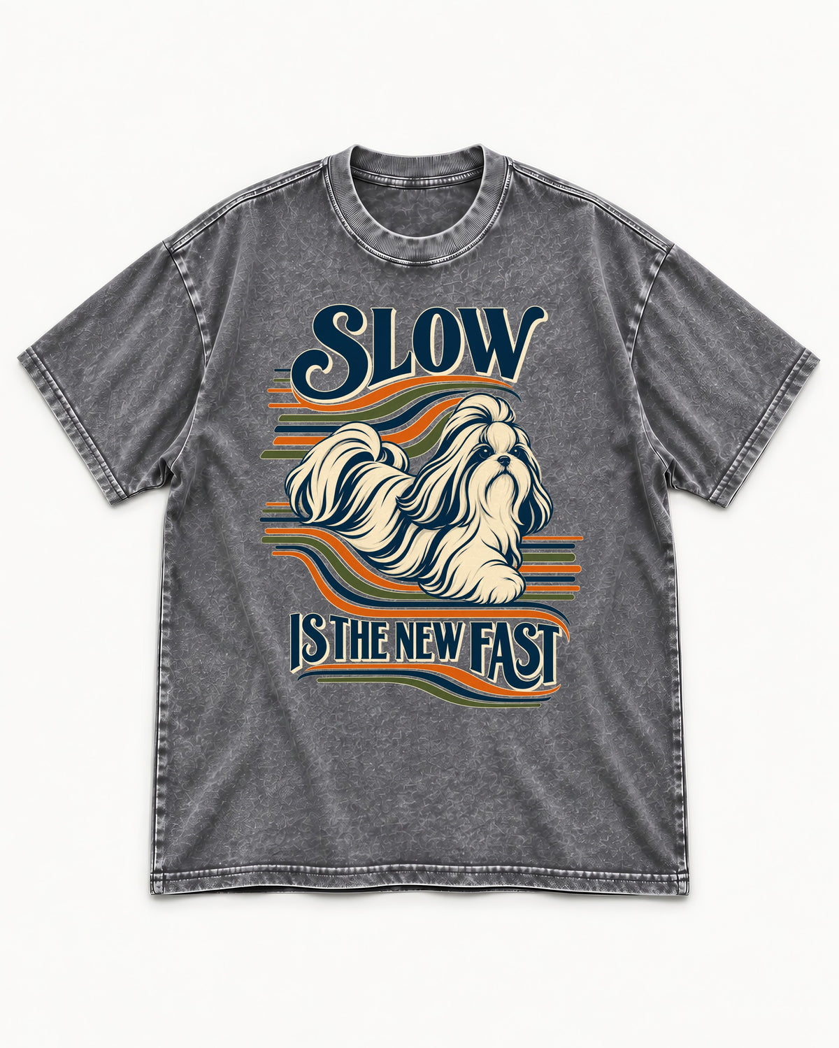 Slow Is Fast Shih Tzu Washed Tee in Gray, flat lay product photo