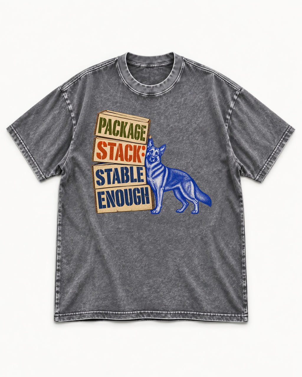 Package Stack Stable Enough German Shepherd Dog Washed Tee in Gray, flat lay product photo
