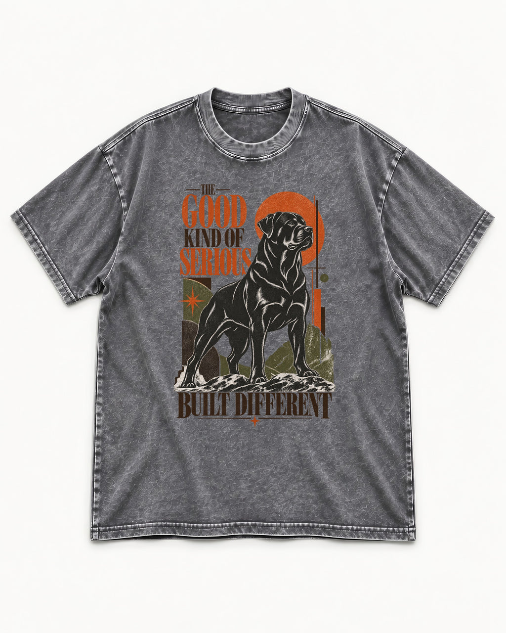 Rottweiler Built Different Washed Tee in Gray, flat lay product photo
