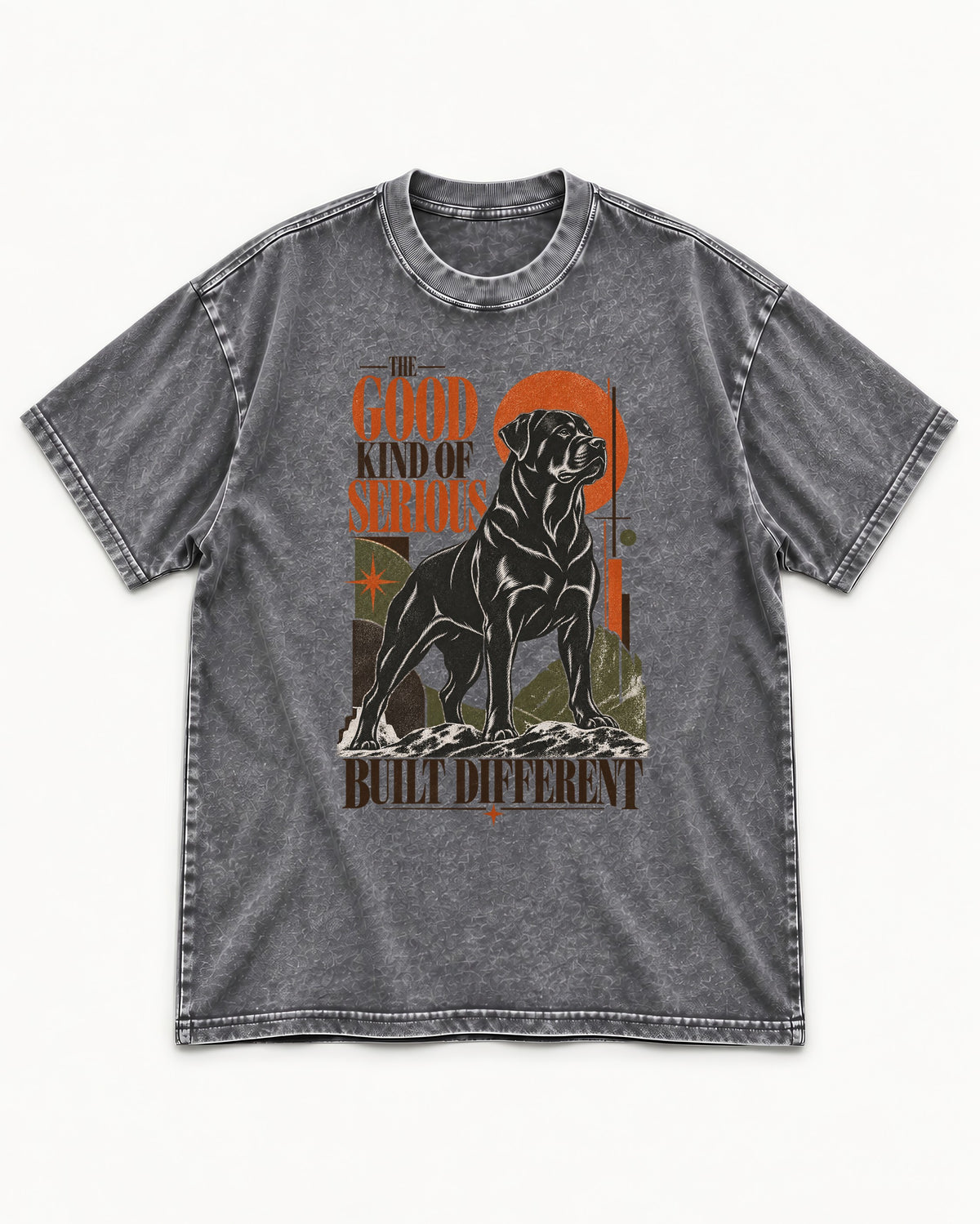 Rottweiler Built Different Washed Tee in Gray, flat lay product photo