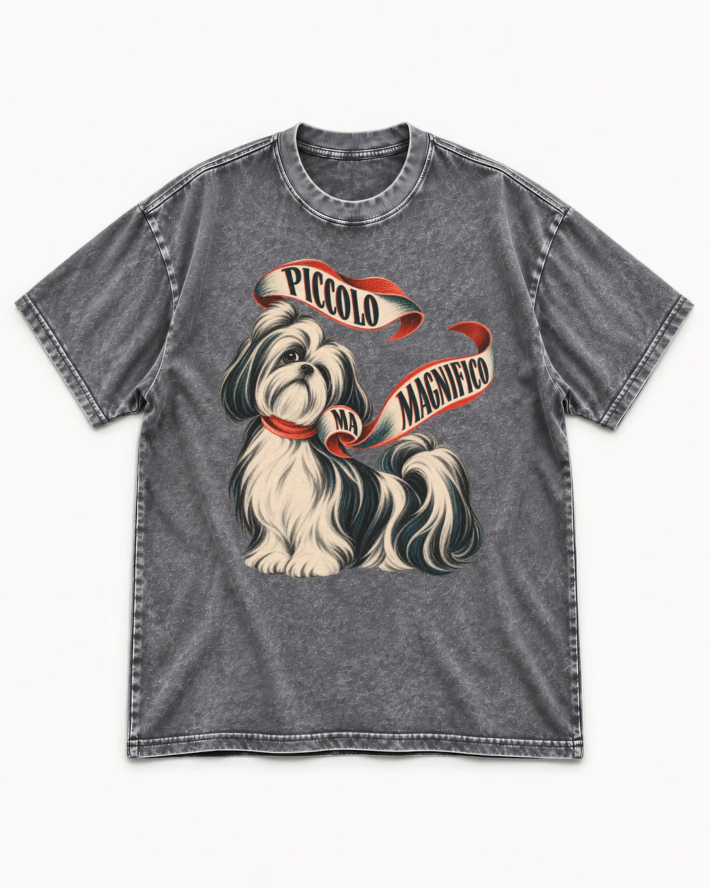 Piccolo Ma Magnifico Shih Tzu Washed Tee in Gray, flat lay product photo