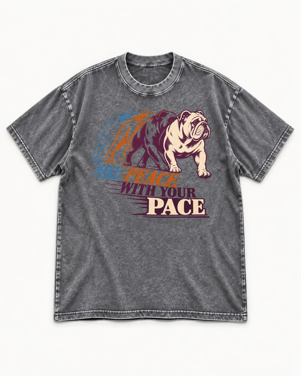 English Bulldog Peace with Your Pace Washed Tee in Gray, flat lay product photo