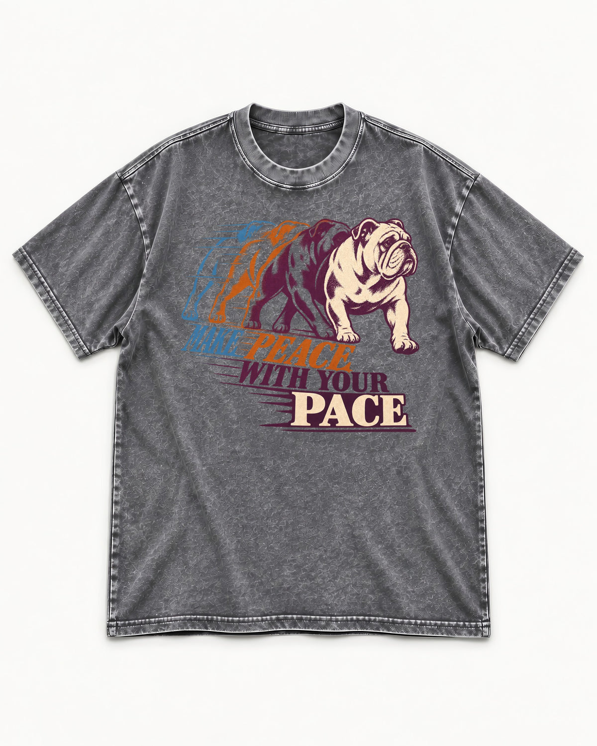English Bulldog Peace with Your Pace Washed Tee in Gray, flat lay product photo