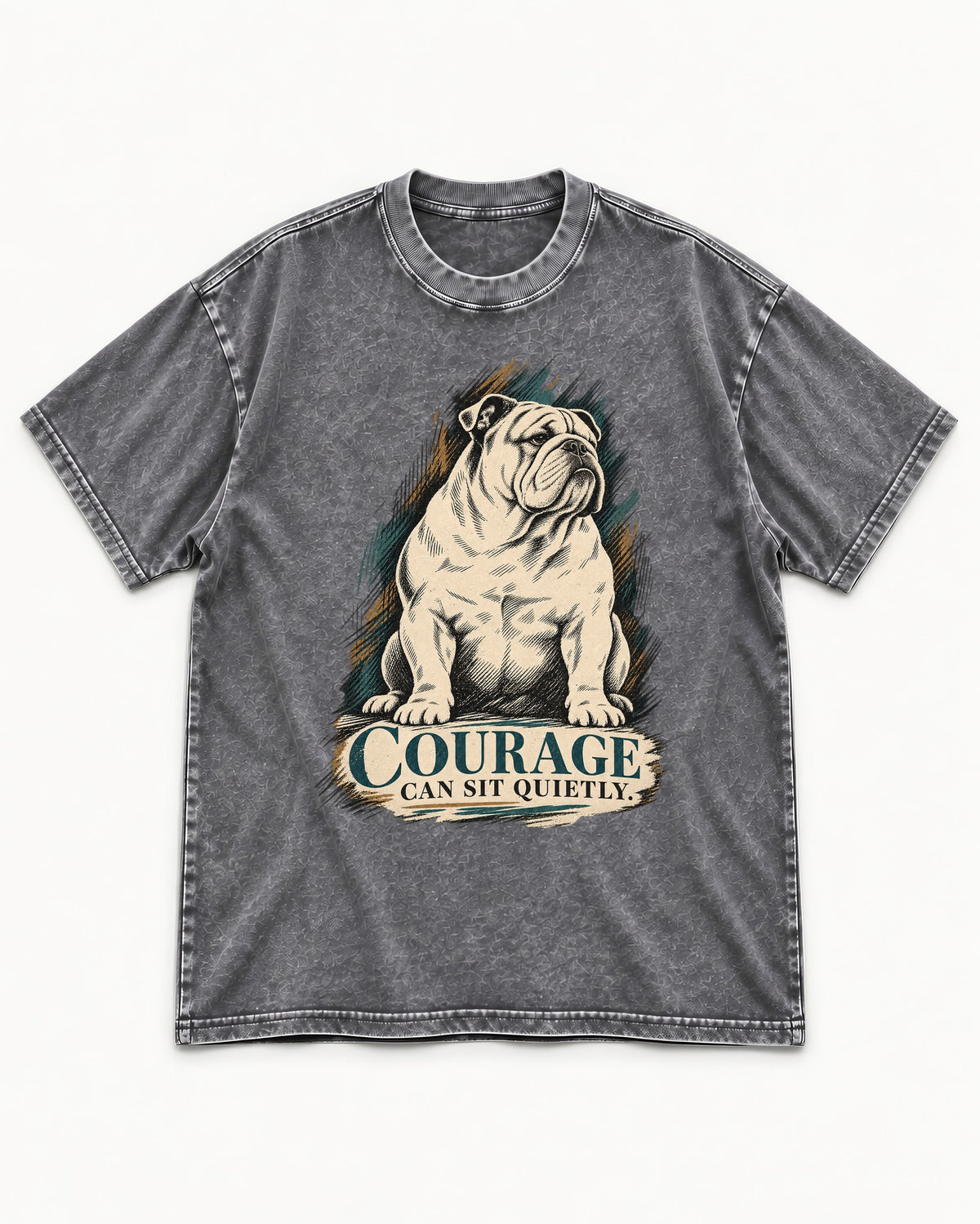 English Bulldog Courage Can Sit Quietly Washed Tee in Gray, flat lay product photo