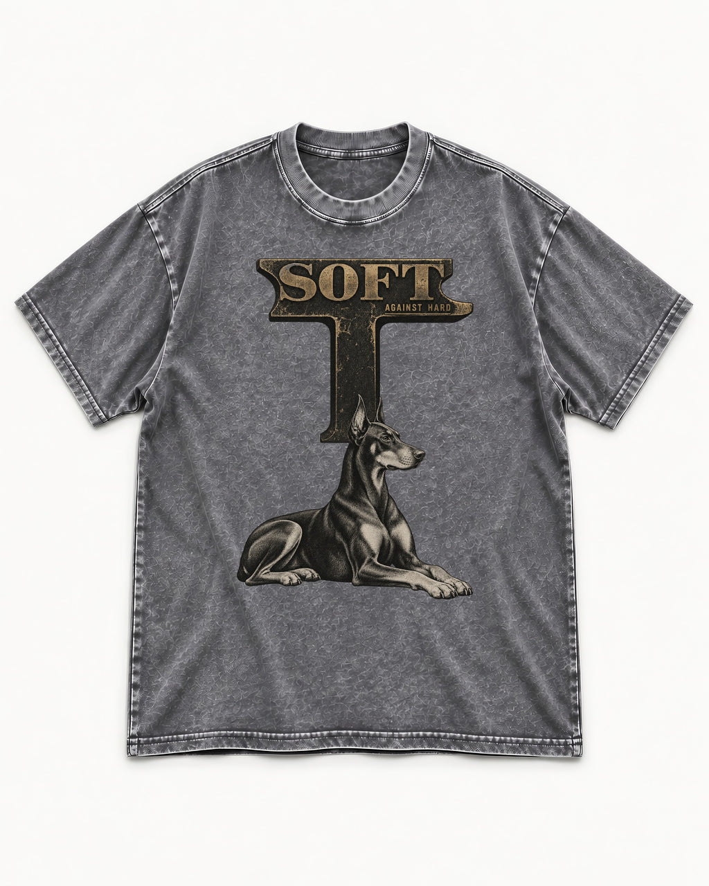 Soft Against Hard Doberman Washed Tee in Gray, flat lay product photo