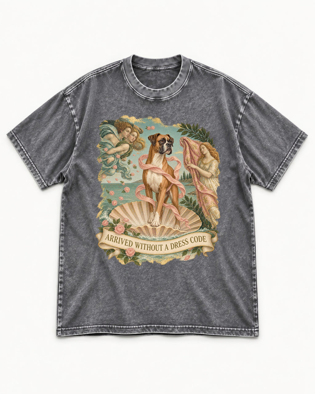 Arrived Without a Dress Code Boxer Classical Collage Washed Tee in Gray, flat lay product photo