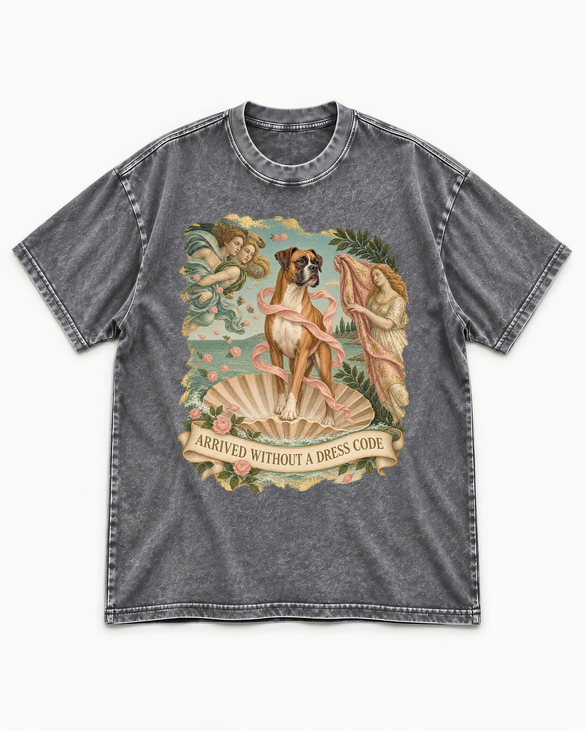 Arrived Without a Dress Code Boxer Classical Collage Washed Tee in Gray, flat lay product photo