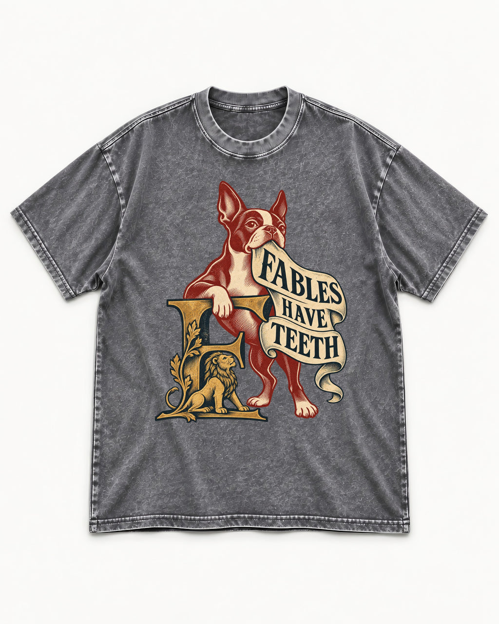Boston Terrier Fables Have Teeth Washed Tee in Gray, flat lay product photo