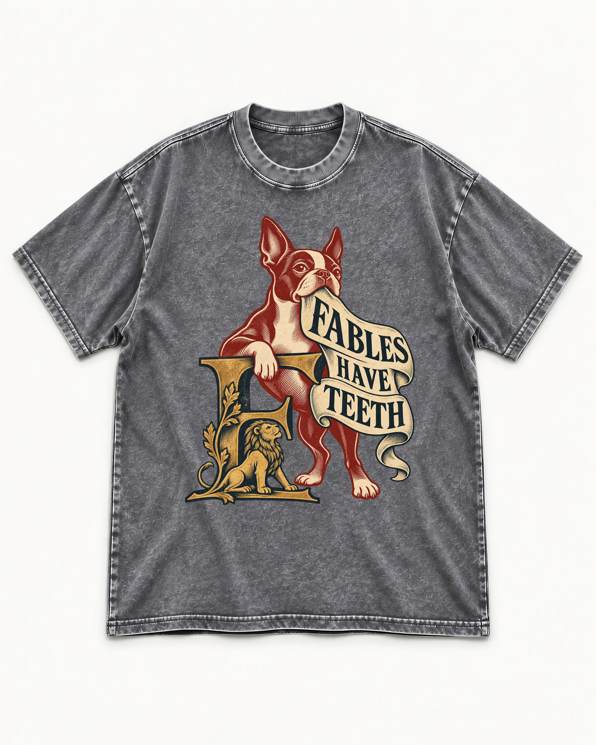 Boston Terrier Fables Have Teeth Washed Tee in Gray, flat lay product photo