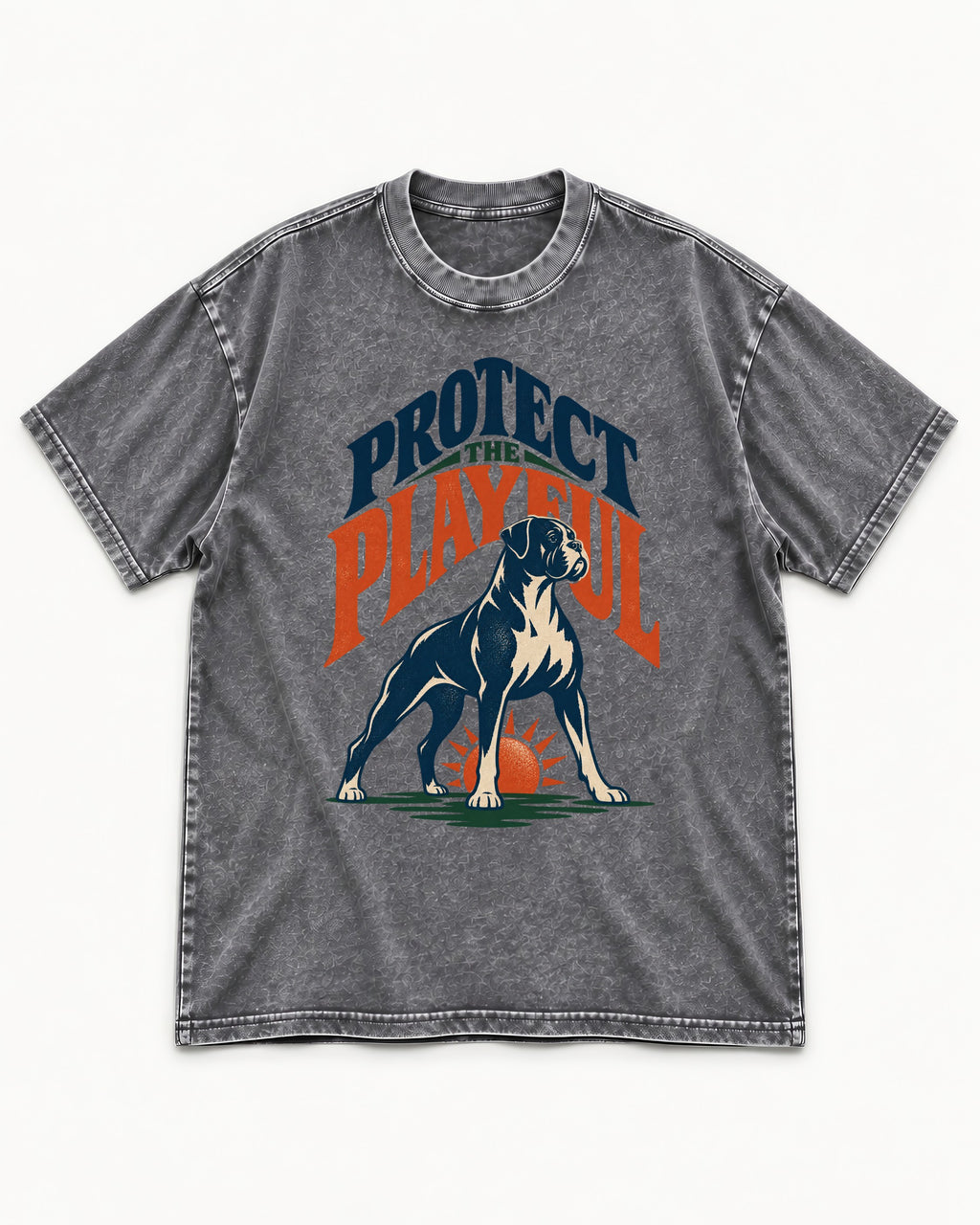 Protect the Playful Boxer Washed Tee in Gray, flat lay product photo