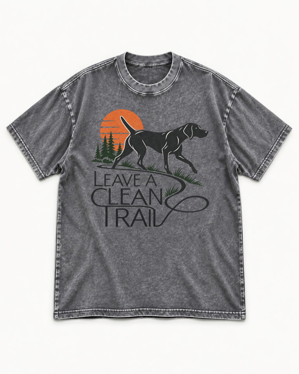 Leave a Clean Trail German Shorthaired Pointer Washed Tee in Gray, flat lay product photo