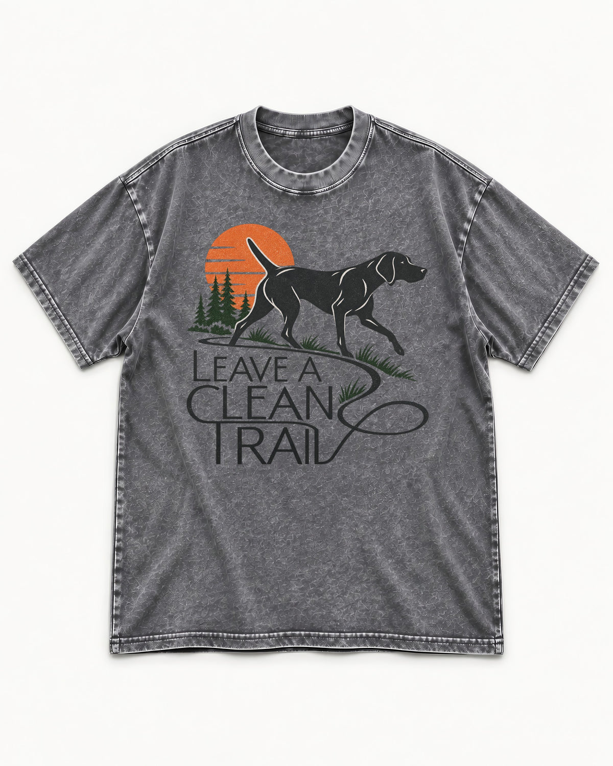 Leave a Clean Trail German Shorthaired Pointer Washed Tee in Gray, flat lay product photo